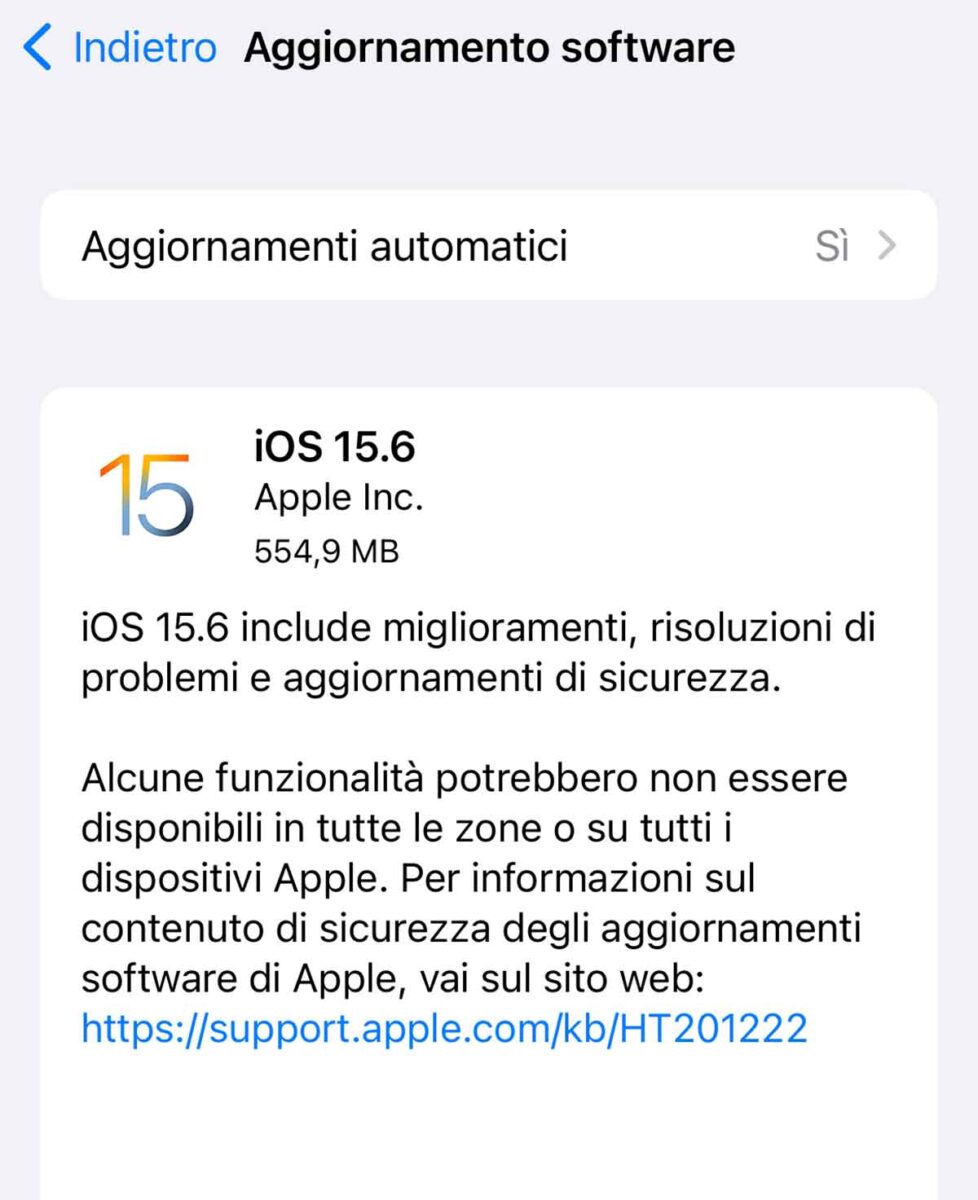 Disponibile aggiornamento a iOS 15.6