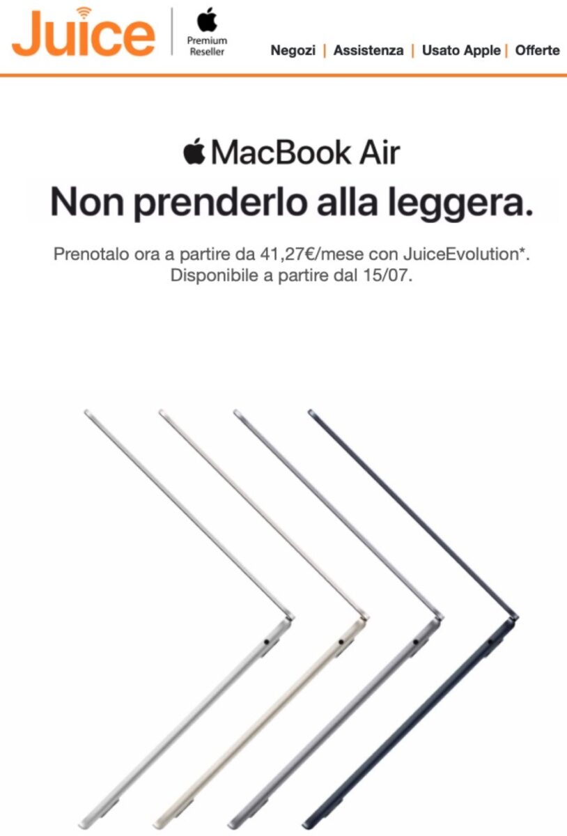 Da Juice MacBook Air M2 si prenota da 41,27€ al mese con JuiceEvolution