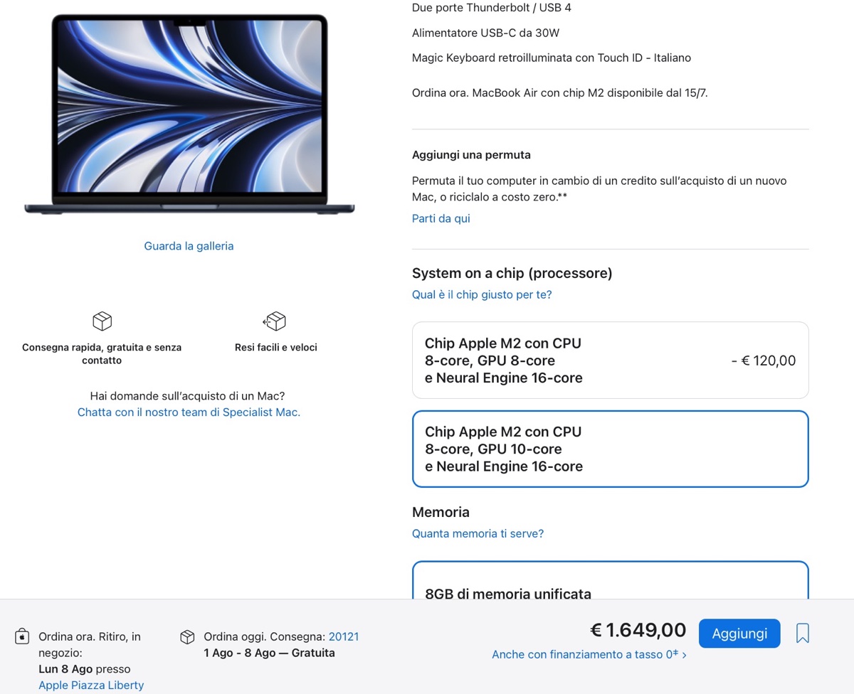 MacBook Air M2, i tempi di consegna si allungano