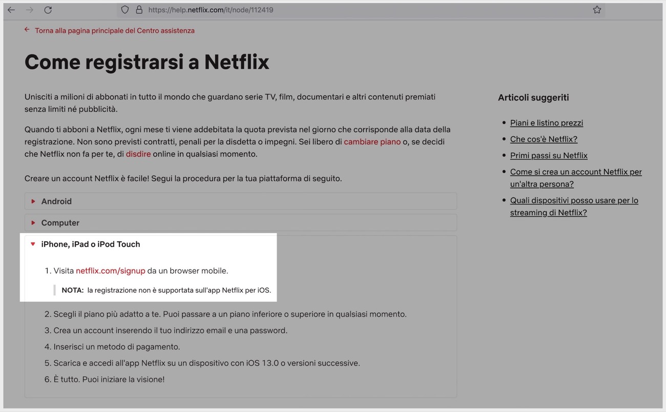 app netflix registrazione pagina web esterna