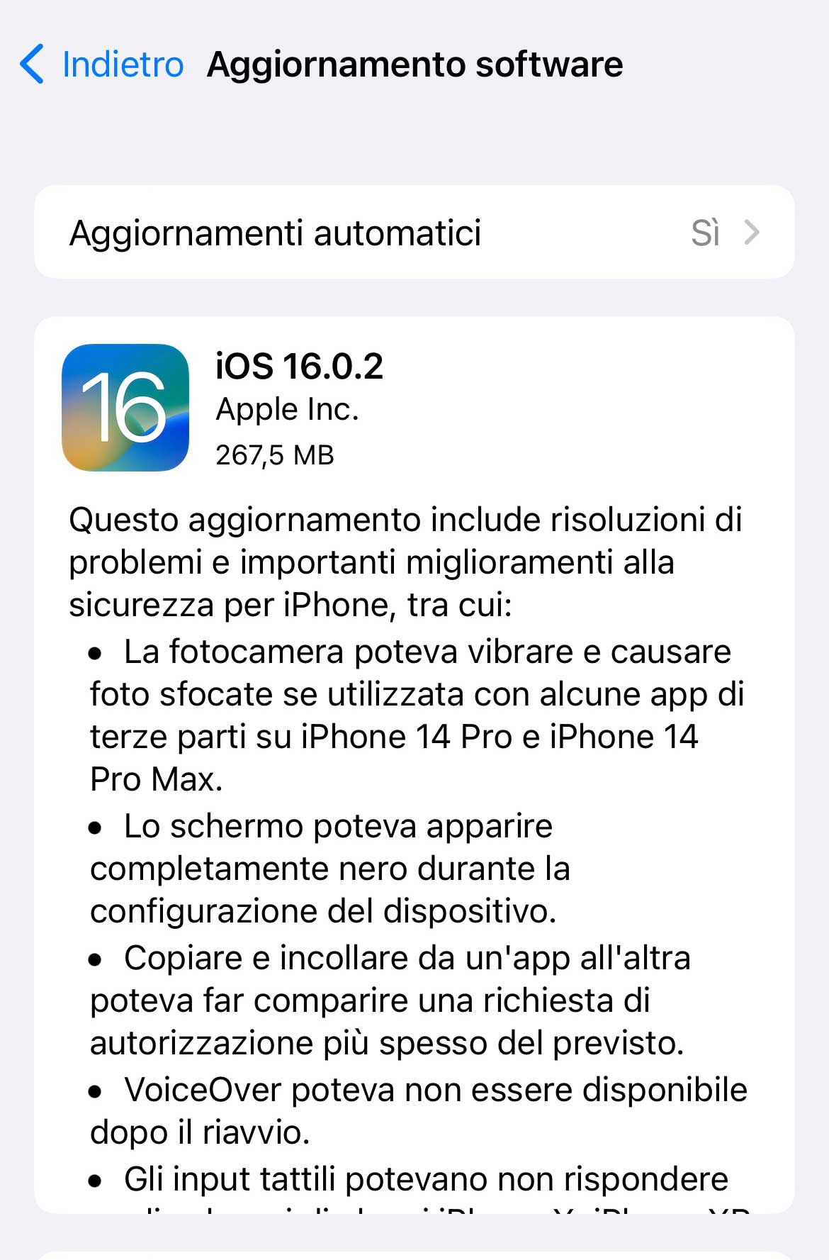 Disponibile aggiornamneto a iOS 16.0.2