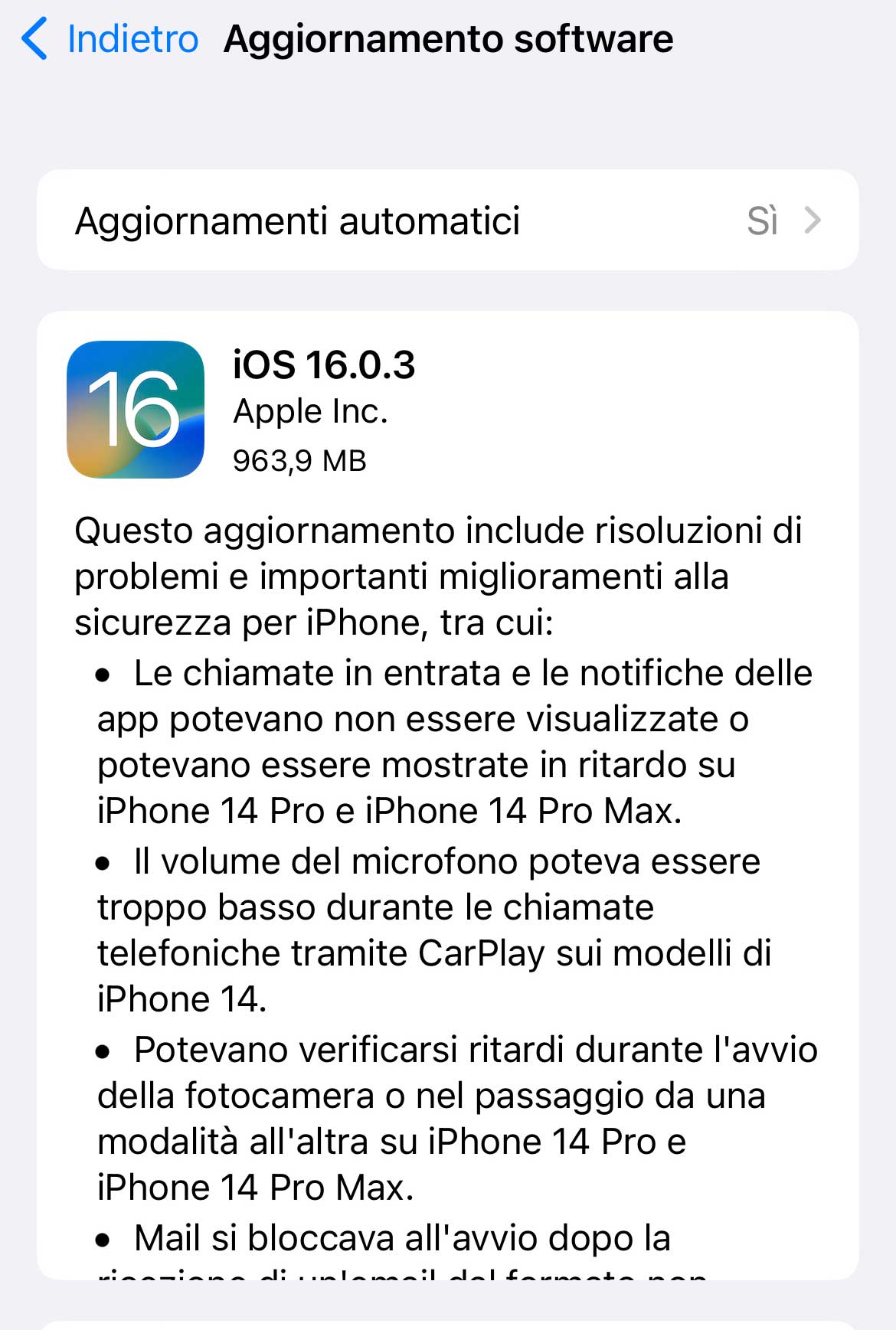 Disponibile aggiornamento a iOS 16.0.3
