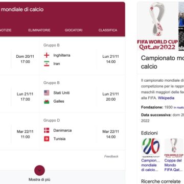 Google aggiorna le ricerche per i Mondiali di calcio 2022