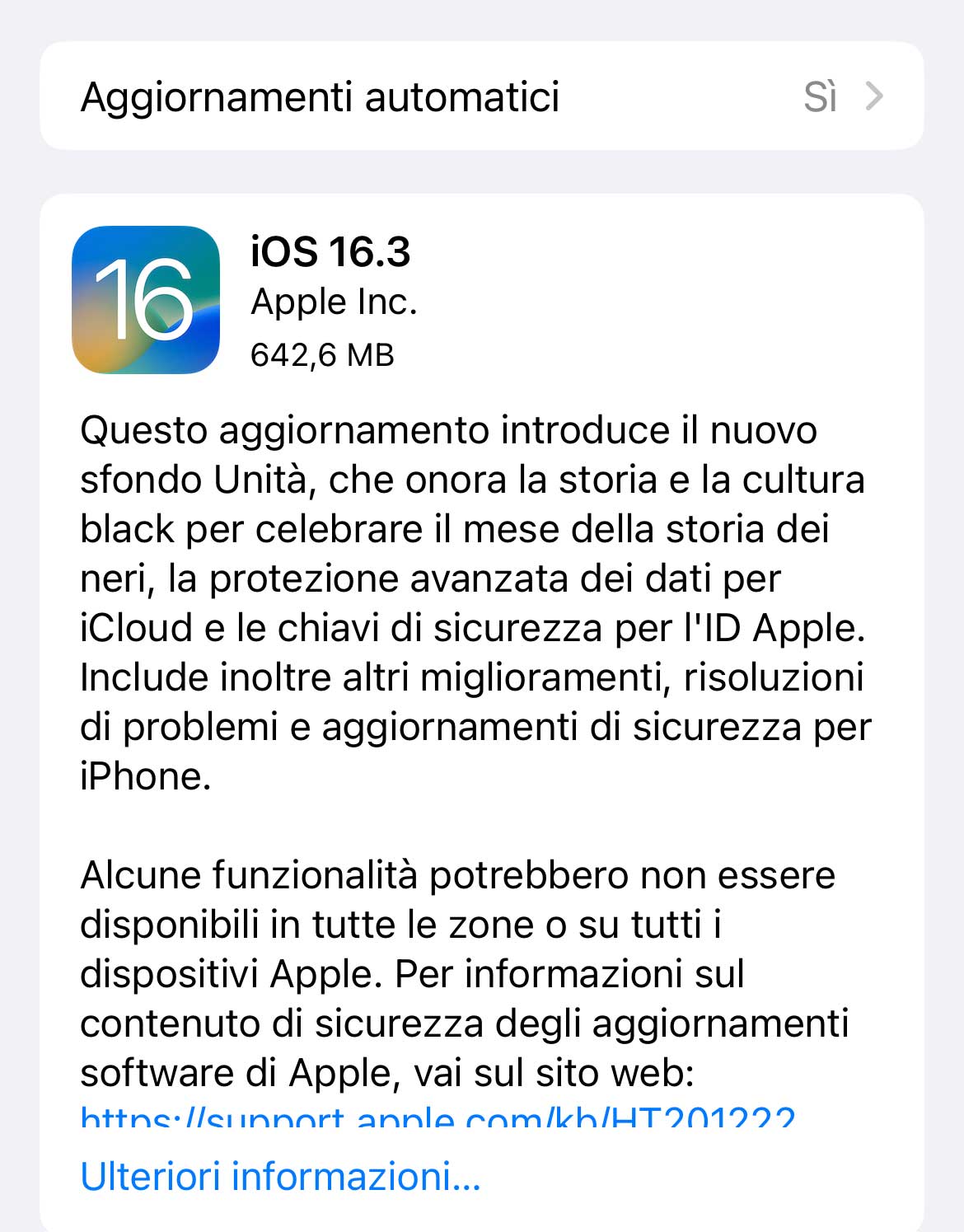 Disponibile aggiornamento a iOS 16.3 e iPadOS 16.3