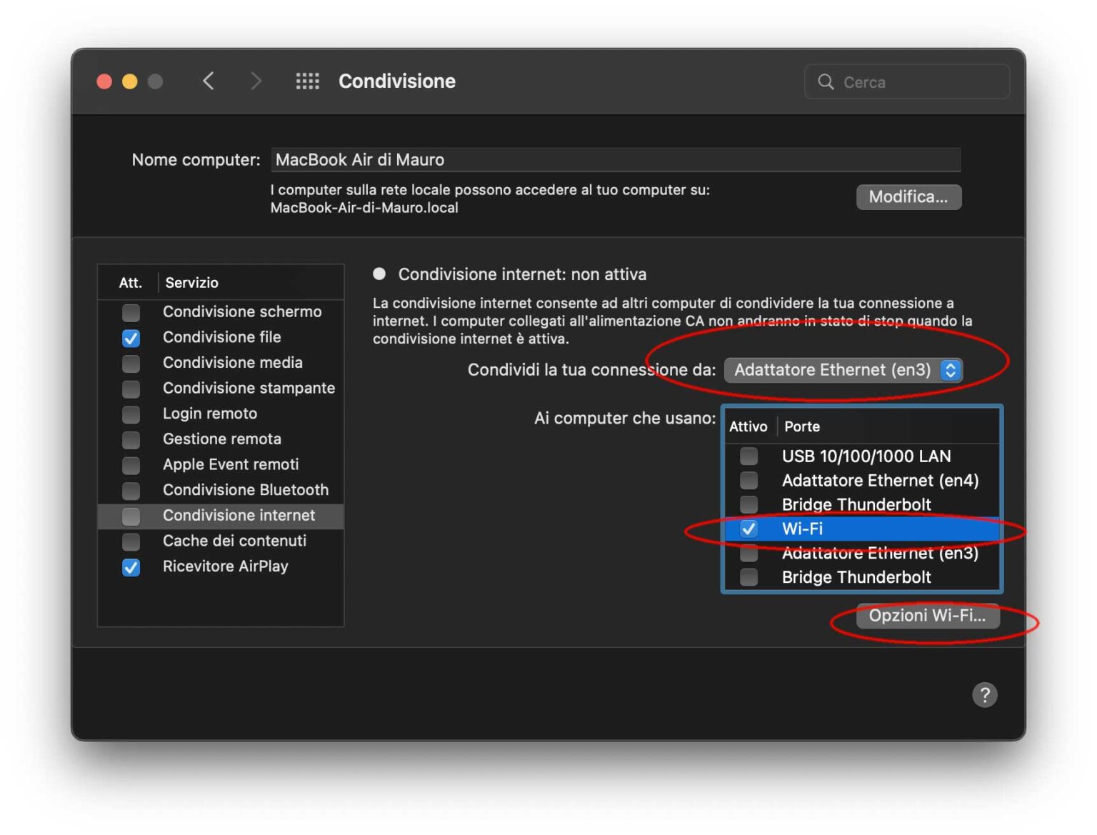 tutorial viaggio iPhone cosa fare - condivisione hotspot via ethernet col mac