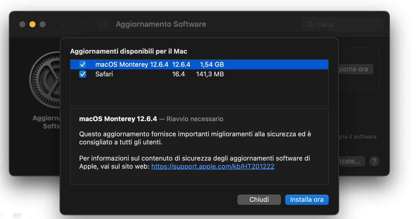 Update di sicurezza a macOS 11.7.5 e macOS 12.6.4