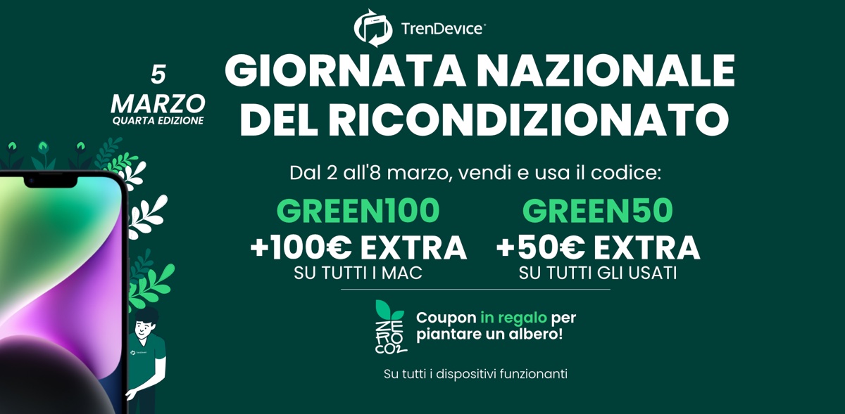 Giornata Nazionale del Ricondizionato, su TrenDevice extra valutazione fino a 100€ sulla vendita di iPhone, iPad e Mac