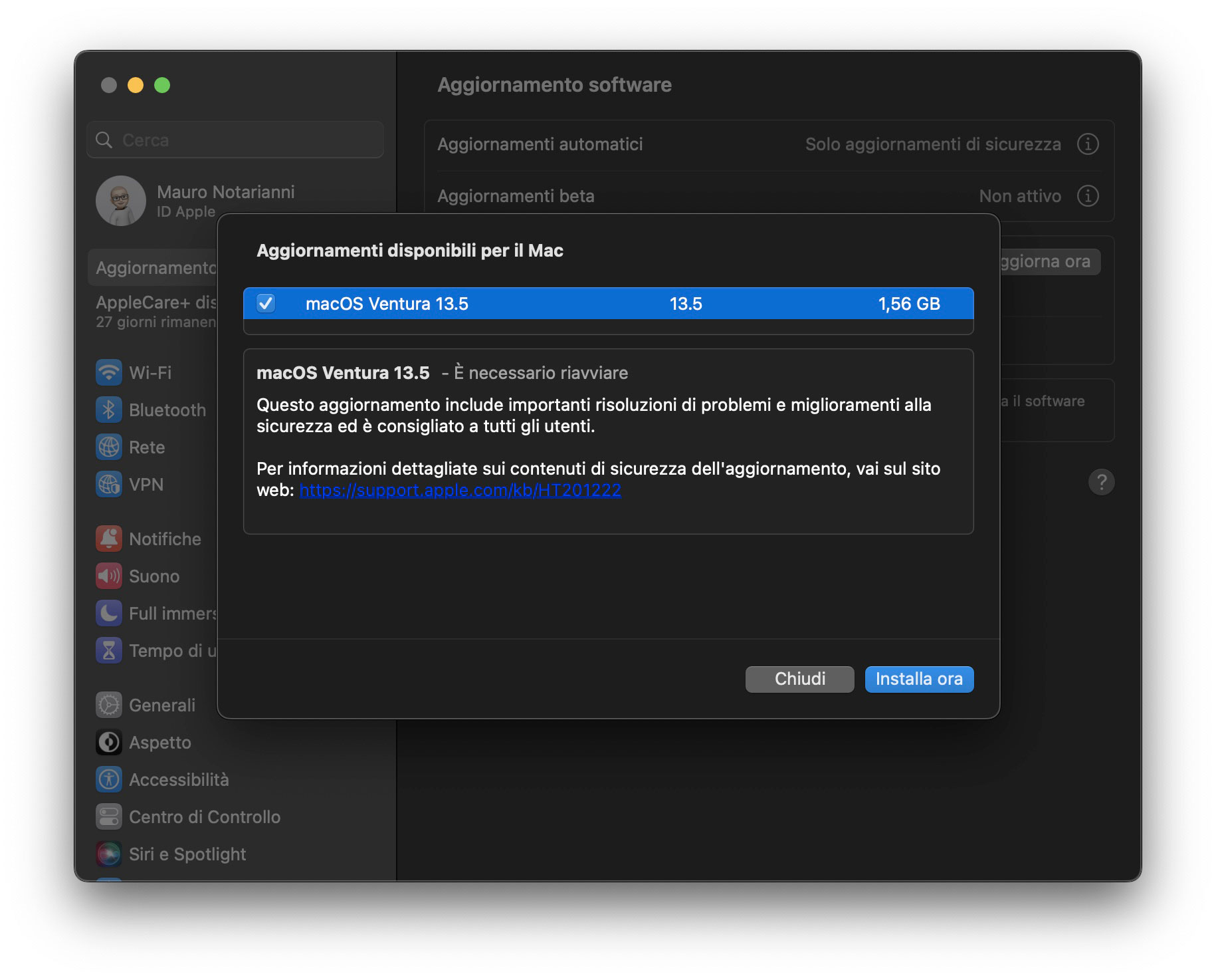 Disponibile update a macOS Ventura 13.5