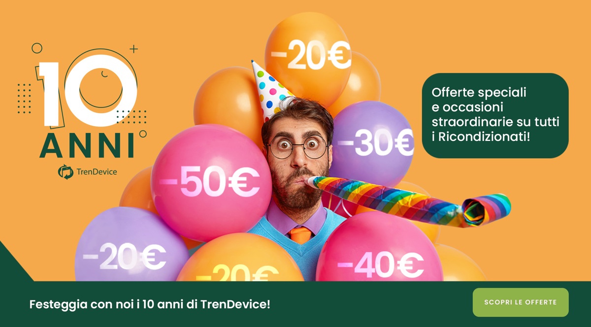 TrenDevice festeggia 10 anni di attività con offerte speciali e sconti su iPhone, iPad e Mac Ricondizionati TrenDevice festeggia 10 anni di attività con offerte speciali e sconti su iPhone, iPad e Mac Ricondizionati