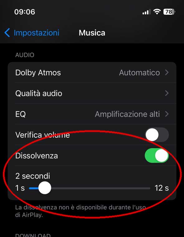 Come modificare la dissolvenza tra i brani in Apple Music