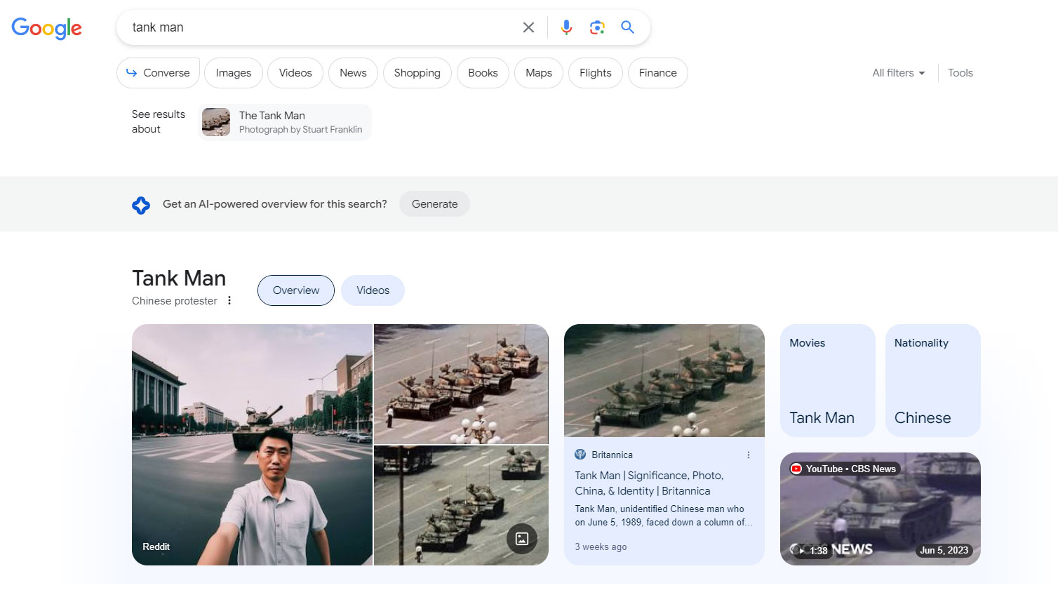 Google, il Rivoltoso Sconosciuto di piazza Tienanmen è una immagine generata con l'IA