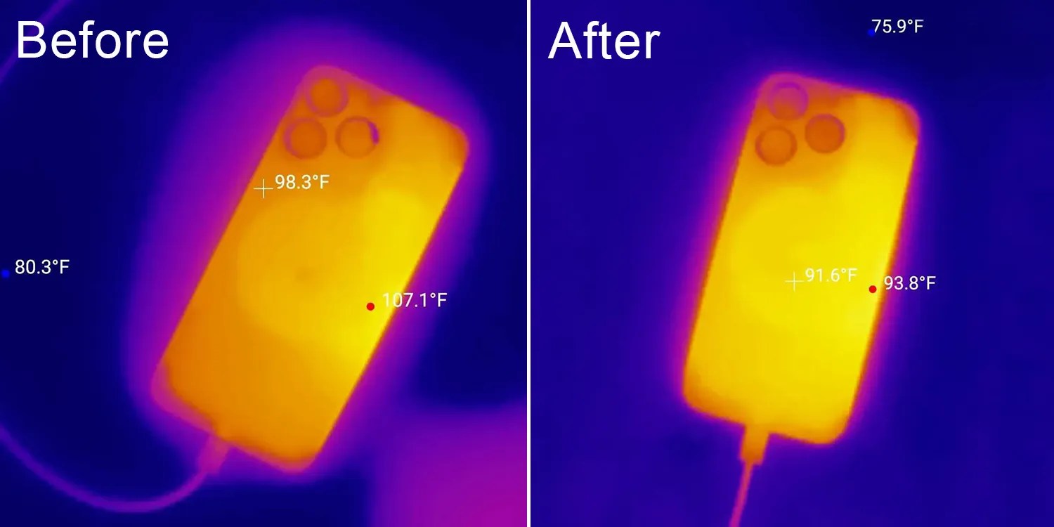 Surriscaldamento iPhone 15 Pro visto alla termocamera prima e dopo l’aggiornamento Apple