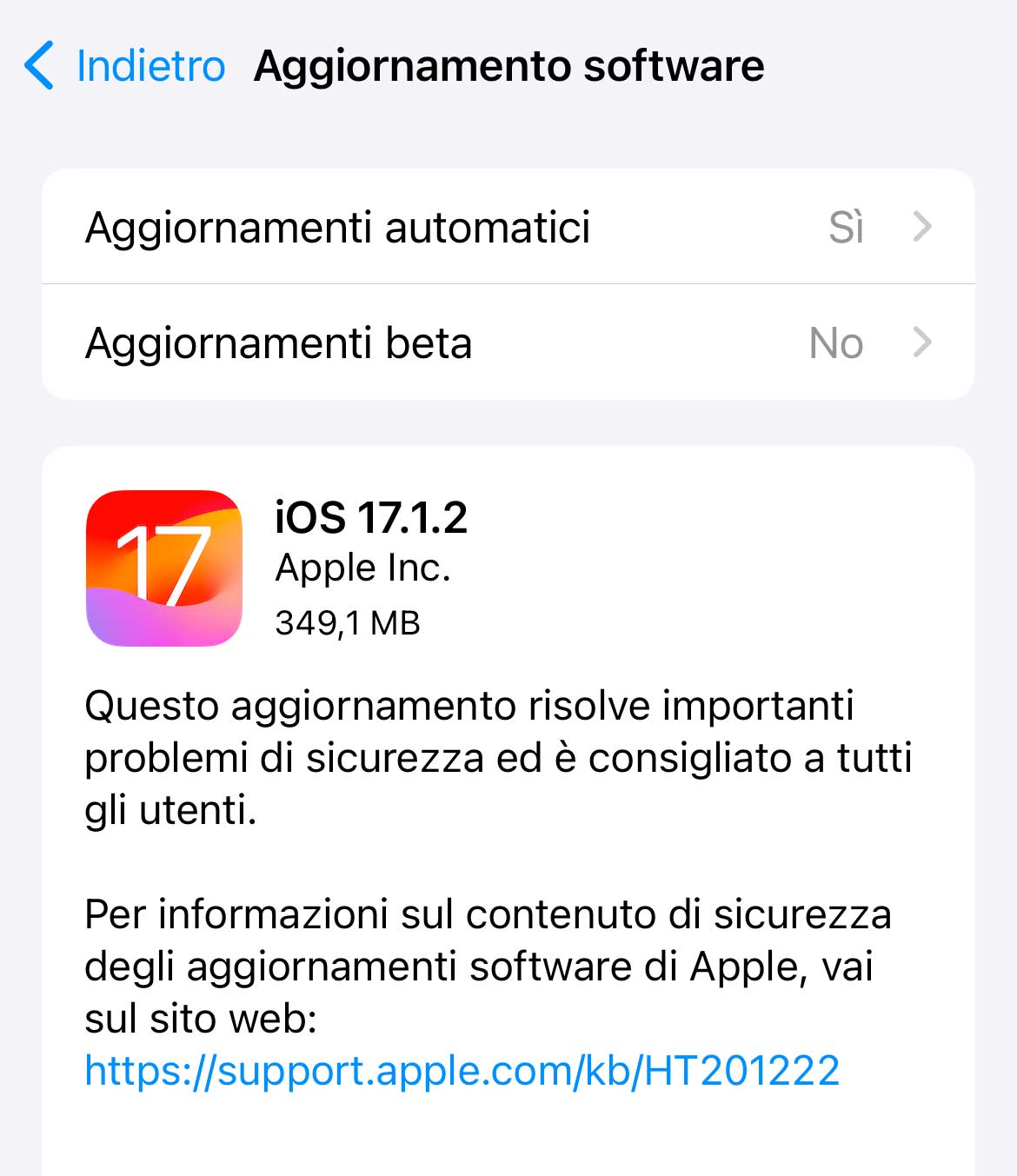 Disponibili aggiornamenti a iOS 17.1.2 e iPadOS 17.1.2 Disponibili aggiornamenti a iOS 17.1.2 e iPadOS 17.1.2