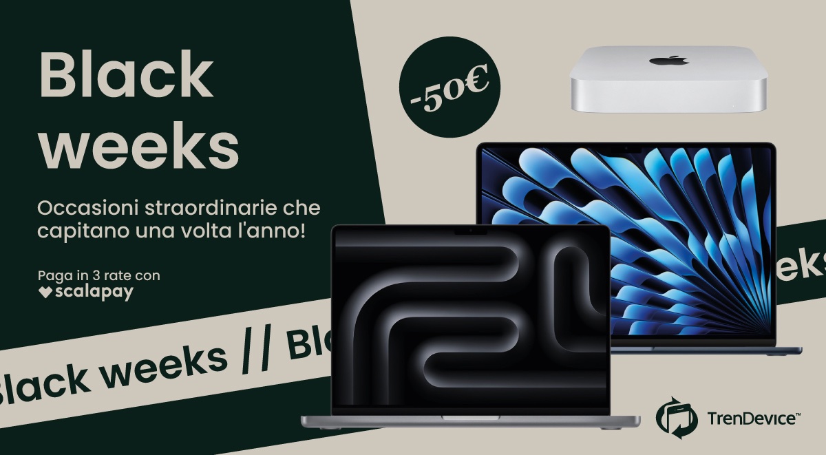 Mac scontati -50€ con Black Weeks TrenDevice: MacBook Air M1 da 739,90€, MacBook Pro Retina da 649,90€