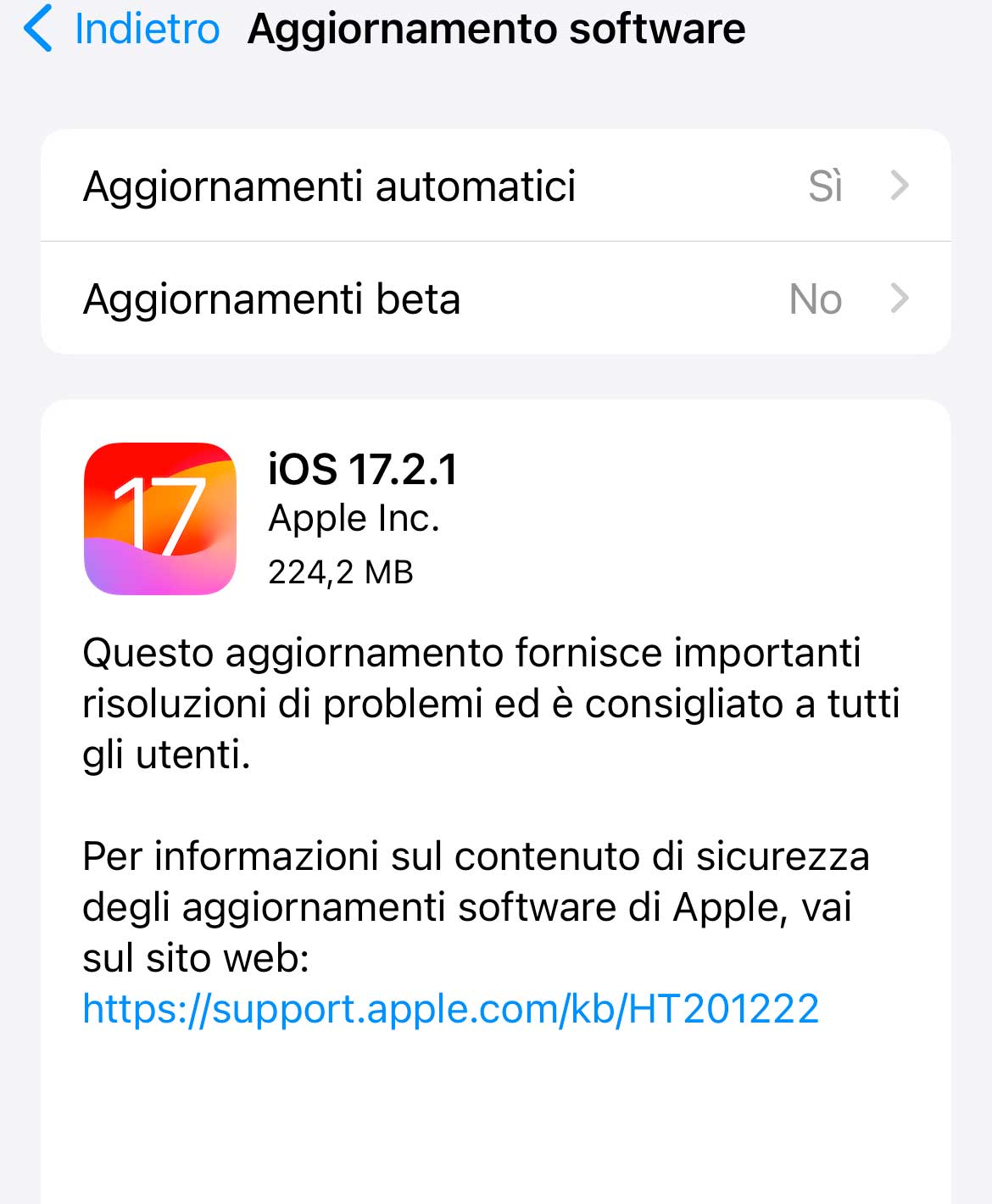 Disponibile aggiornamento a iOS 17.2.1 con fix a bug Disponibile aggiornamento a iOS 17.2.1 con fix a bug