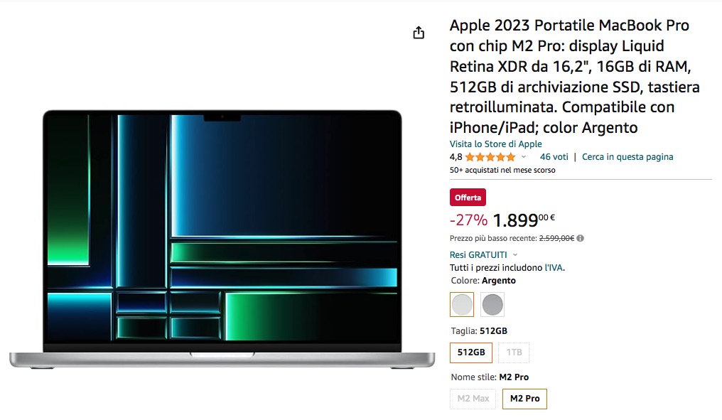 Torna il grande affare, MacBook Pro 16 M2 Pro 1 TB scontato a 2.099 € Torna il grande affare, MacBook Pro 16 M2 Pro 1 TB scontato a 2.099 €