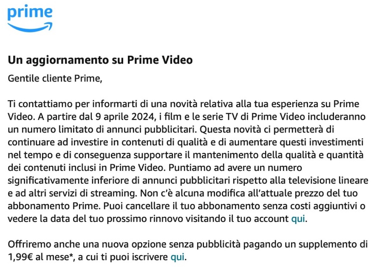 Amazon Prime Video con pubblicità dal 9 aprile altrimenti si paga