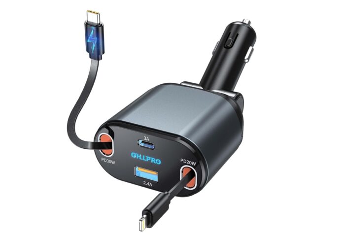 Niente disordine in auto con il caricabatterie con cavi retrattili