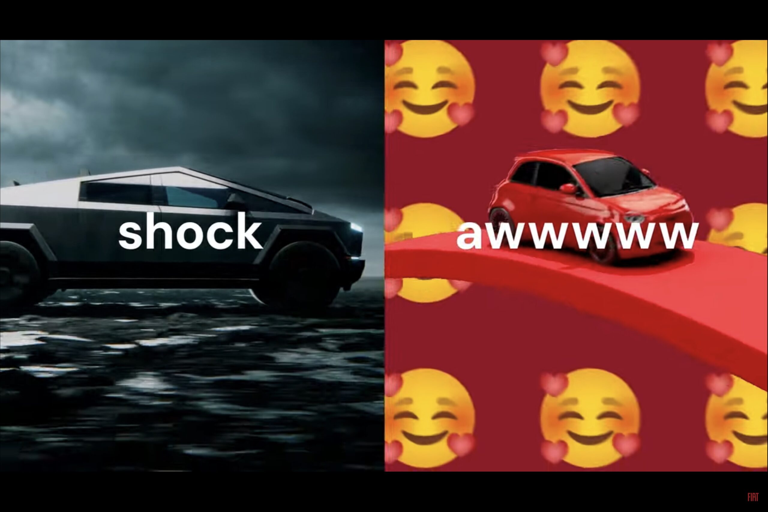 FIAT 500 sfida Tesla Cybertruck nello spot USA FIAT 500 sfida Tesla Cybertruck nello spot USA