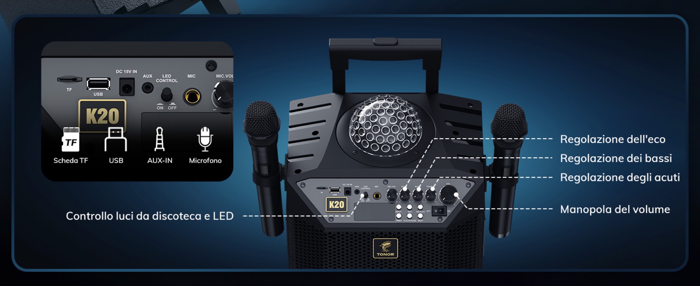 TONOR K20, impianto karaoke portatile con audio HD e Luci LED - macitynet.it TONOR K20, impianto karaoke portatile con audio HD e Luci LED - macitynet.it
