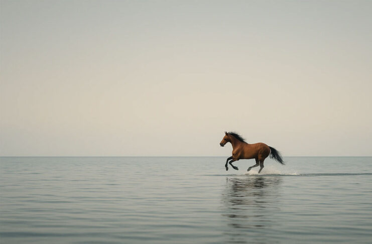 Immagine realistica di un cavallo al galoppo nel mare. Immagine ottenuta con ChatGPT.