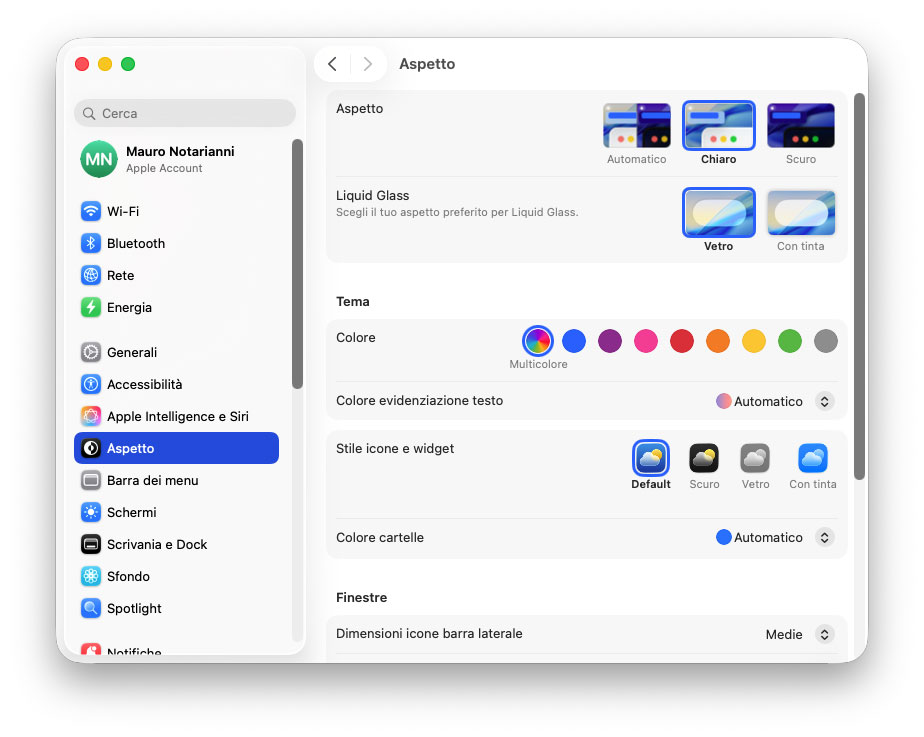 La nuova opzione "Liquid Glass" nelle sezione Aspetto delle Impostazioni di Sistema La nuova opzione "Liquid Glass" nelle sezione Aspetto delle Impostazioni di Sistema