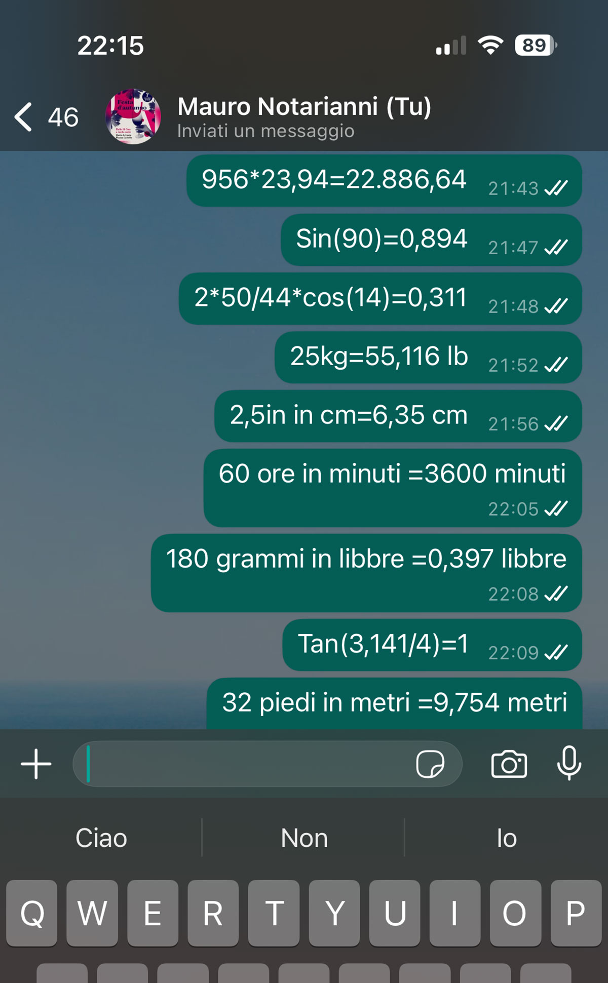 Come sfruttare la Calcolatrice integrata in WhatsApp e nell'app Messaggi di iOS - macitynet.it Esempio calcoli e conversioni in WhatsApp