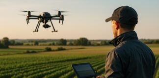 Un pilota di droni professionale manovra un telecomando