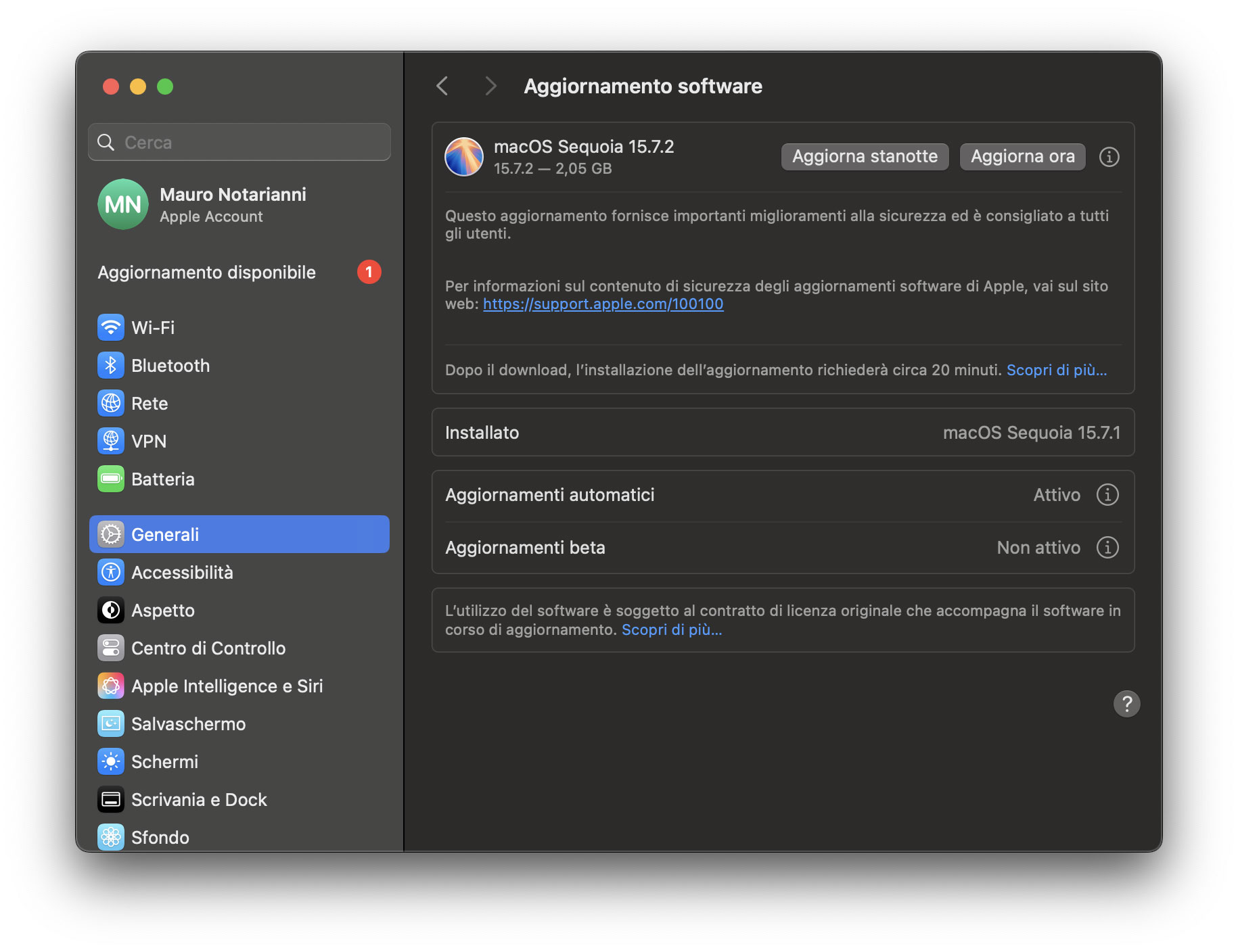 Aggiornamento a macOS 15.7.2 Aggiornamento a macOS 15.7.2