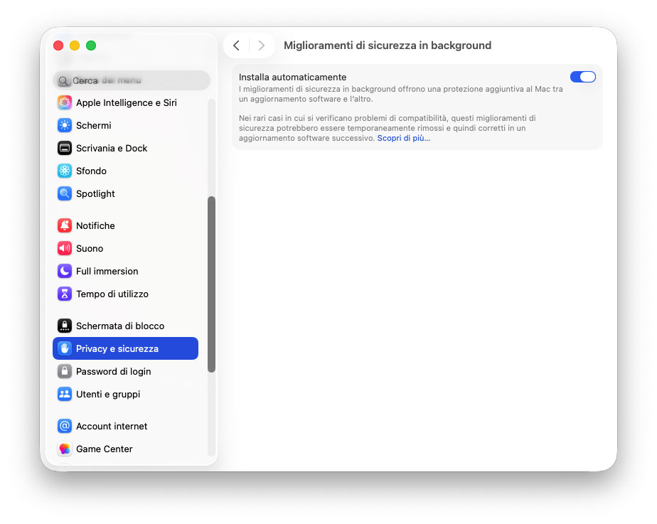 La voce Impostazione aggiornamenti in background in macOS 26.1 La voce Impostazione aggiornamenti in background in macOS 26.1
