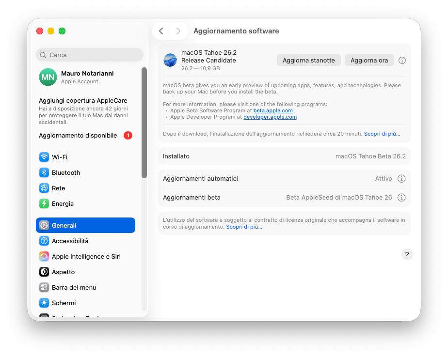 Release Candidate di macOS Tahoe 26.2 a sviluppatori e beta tester - macitynet.it Release Candidate macOS 26.2