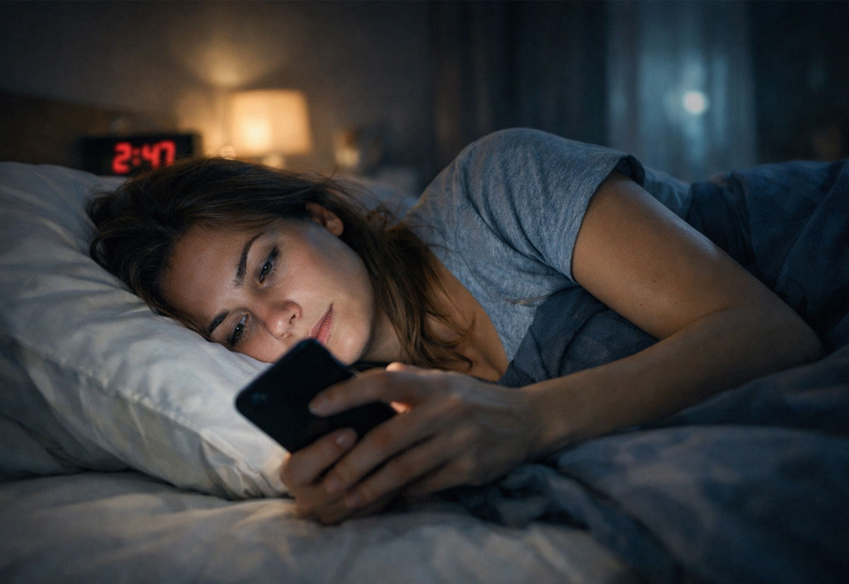 Smartphone, le donne scrollano lo schermo il doppio del tempo prima di dormire - macitynet.it Donna usa smartphone a letto prima di dormire