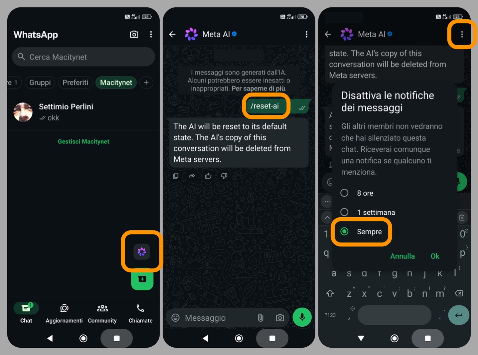 Come usare il comando /reset-ai su WhatsApp Comando /reset-ai e conferma di azzeramento della conversazione con Meta AI su WhatsApp