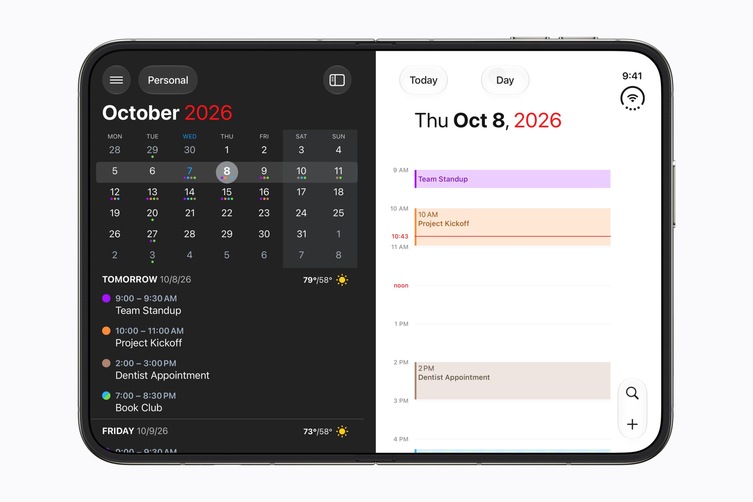 Fantastical su iPhone Duo Fantastical sul display interno di iPhone Duo con calendario, attività e menu affiancati
