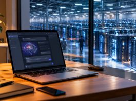 Sam Altman contro la RAM nei nostri computer: “Meglio nei data center” Computer portatile con AI locale davanti a un grande data center
