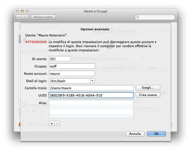 Cambiare il nome utente su mac Os X