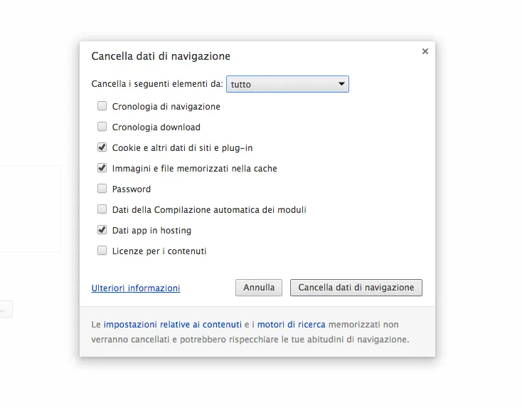 Impostazioni - Cancella dati di navigazione