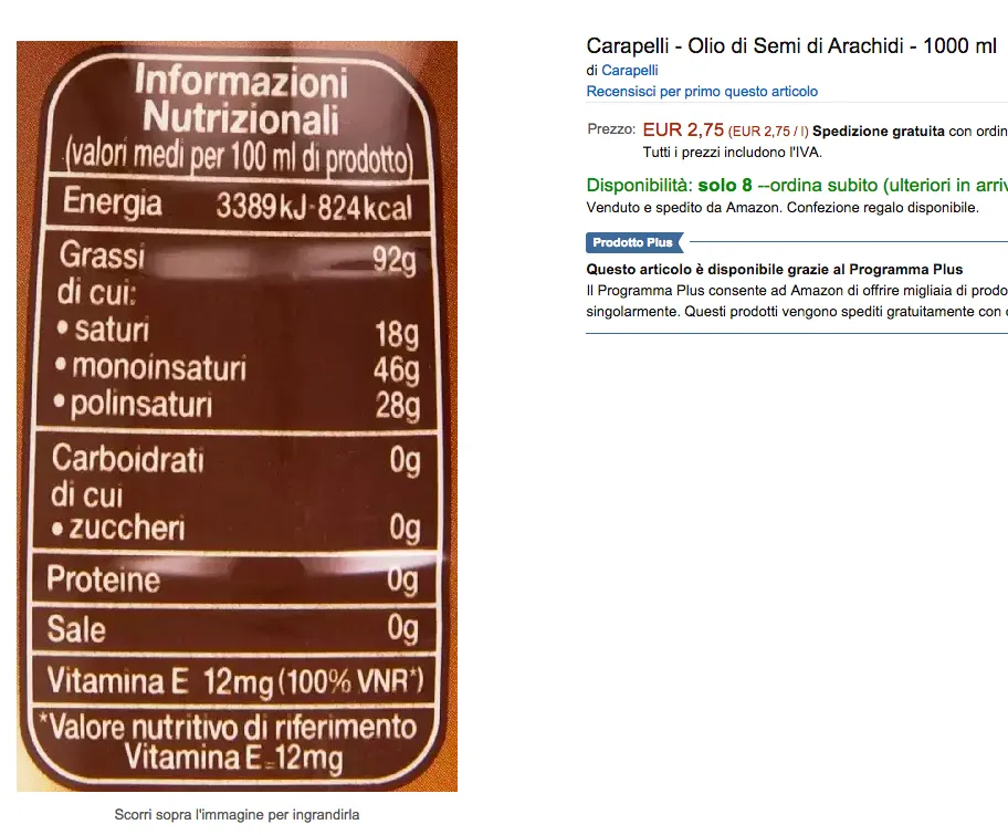 informazioni nutrizionali amazon alimentari