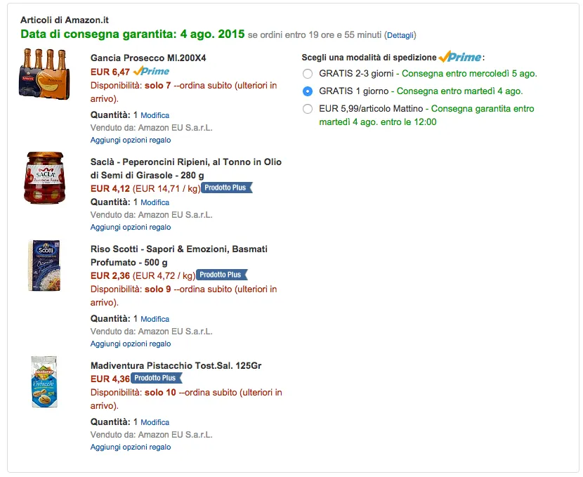 modalità di spdizione amazon alimantari