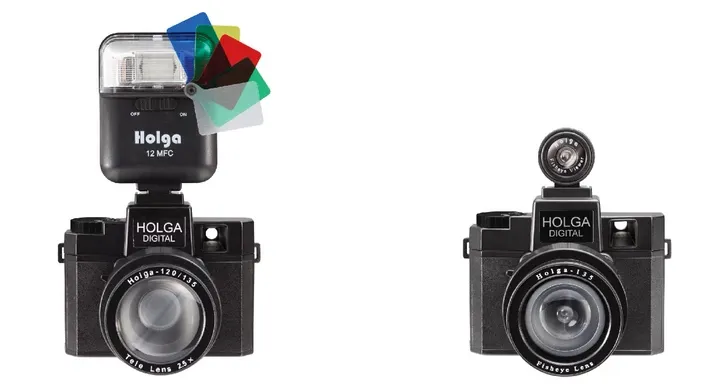 holga digitale con flash e filtri colorati e holga digital con mirino
