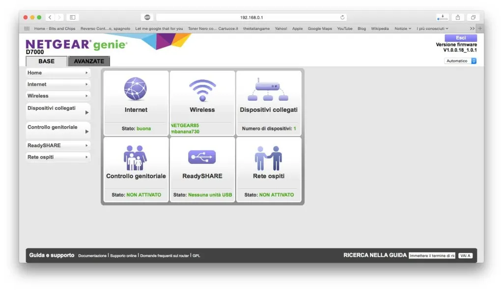 La home page dell'area di amministrazione del modem/router