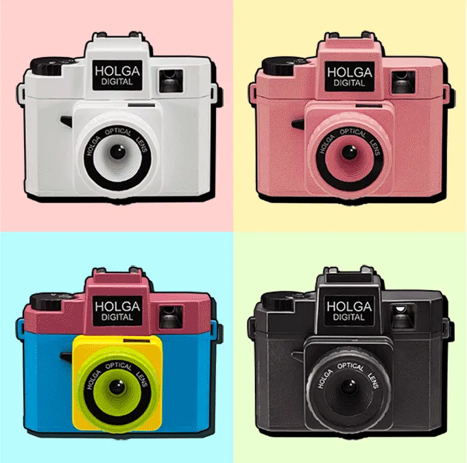 quattro diverse holga digital: nera, bianca, rosa e tricolore