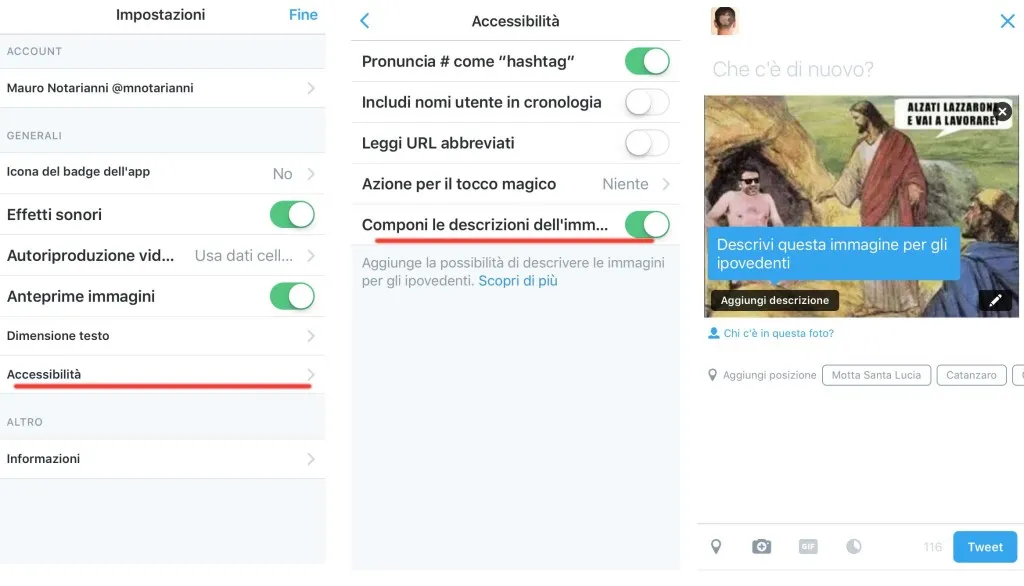 Le impostazioni per attivare le funzioni di accessibilità su Twitter per iOS