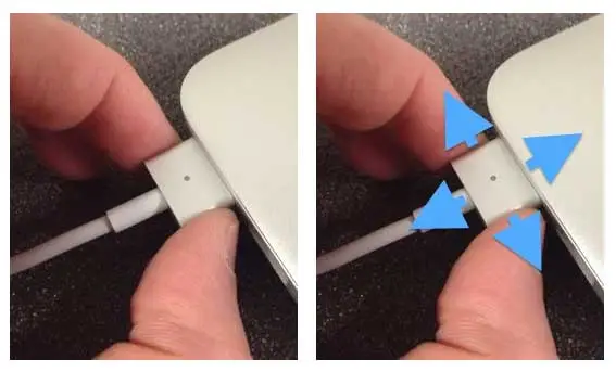 Scollegamento del connettore di alimentazione degli alimentatori MagSafe a "T".