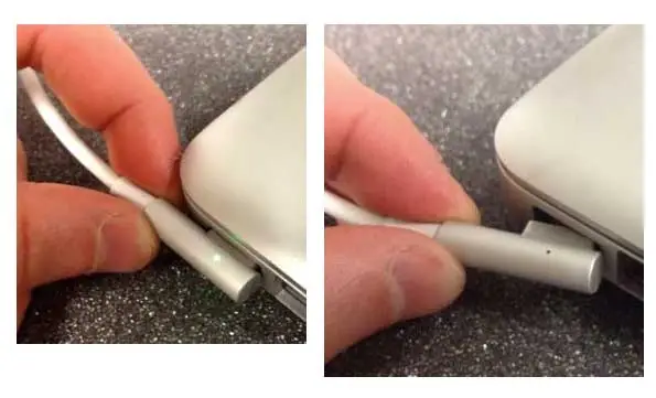 Scollegamento del connettore di alimentazione degli alimentatori MagSafe a "L".