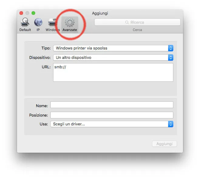 La sezione "Avanzate" in "Aggiungi Stampante".