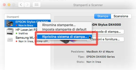 L'opzione per il ripristino del sistema di stampa