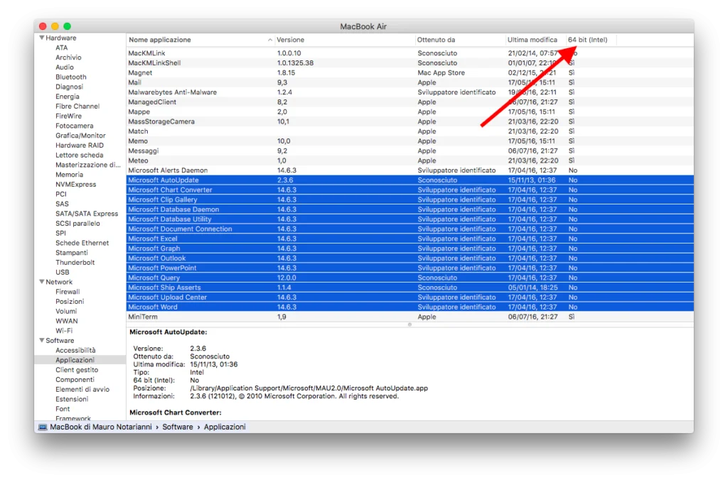 Uno dei tanti modi per capire quali sono le applicazioni a 32 bit e a 64 bit presenti nel sistema è selezionare dal menu Mela “Informazioni su questo Mac”, fare click su “Resoconto di Sistema”, selezionare sulla sinistra la sezione “Software” e da qui “Applicazioni”: l’ultima colonna a destra consente di sapere se le applicazioni sono o no a 64 bit.