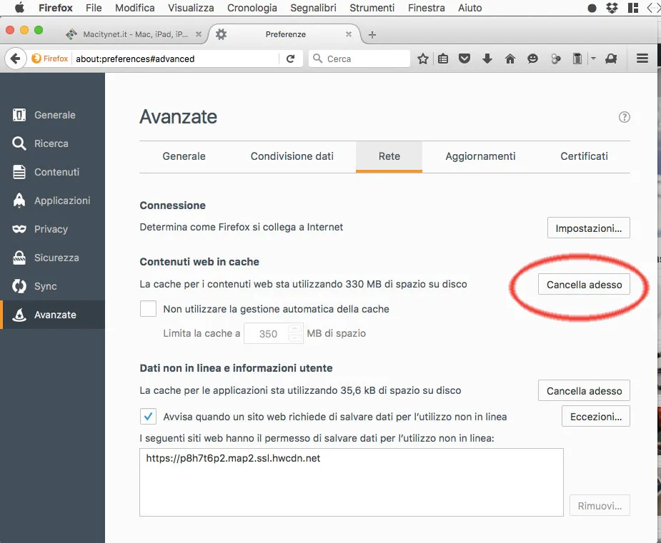 Cancellare la cache in Firefox