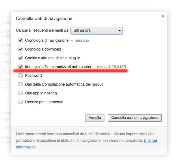 Cancellare la cache in Chrome